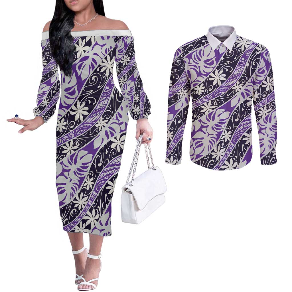 Vareau Tahiti Tiare Monstera Couples Matching Off The Shoulder Long Sleeve Dress and Long Sleeve Button Shirt Polynesian Pattern Curve Style LT01 Purple - Polynesian Pride