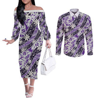 Vareau Tahiti Tiare Monstera Couples Matching Off The Shoulder Long Sleeve Dress and Long Sleeve Button Shirt Polynesian Pattern Curve Style LT01 Purple - Polynesian Pride
