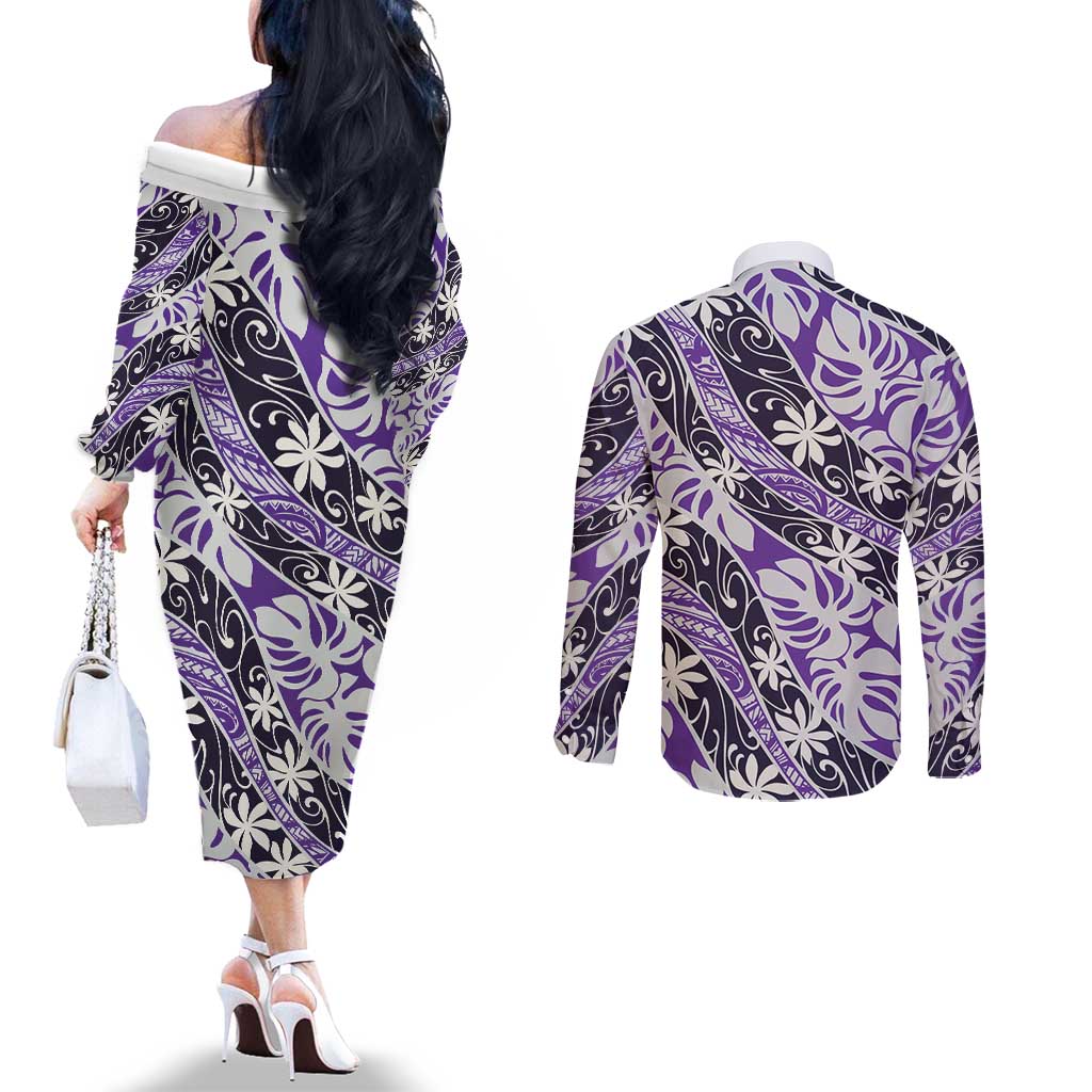 Vareau Tahiti Tiare Monstera Couples Matching Off The Shoulder Long Sleeve Dress and Long Sleeve Button Shirt Polynesian Pattern Curve Style LT01 - Polynesian Pride
