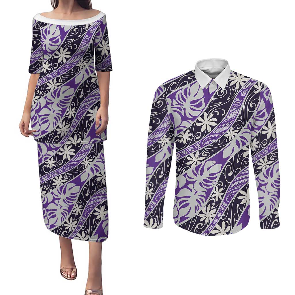 Vareau Tahiti Tiare Monstera Couples Matching Puletasi and Long Sleeve Button Shirt Polynesian Pattern Curve Style - Polynesian Pride