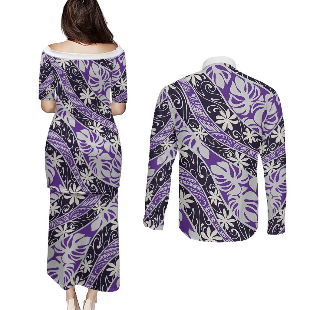Vareau Tahiti Tiare Monstera Couples Matching Puletasi and Long Sleeve Button Shirt Polynesian Pattern Curve Style - Polynesian Pride
