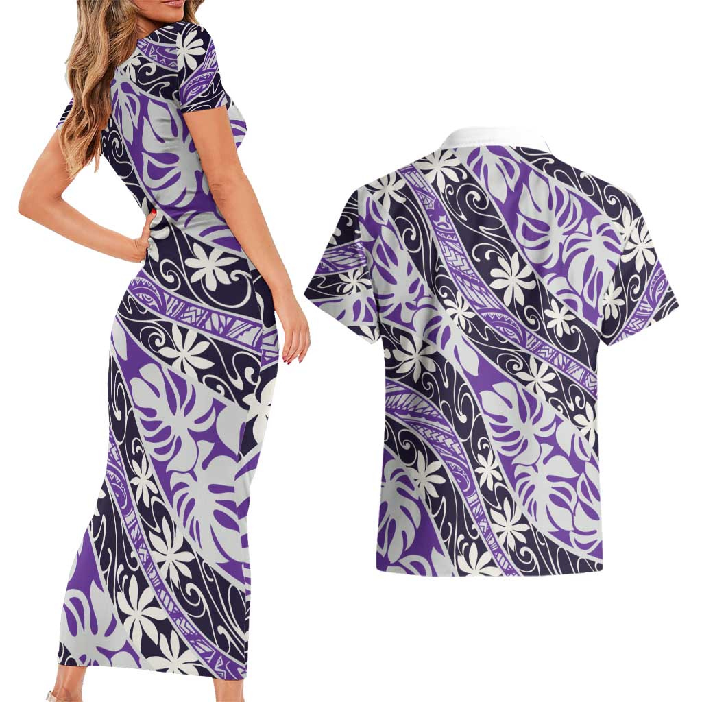 Vareau Tahiti Tiare Monstera Couples Matching Short Sleeve Bodycon Dress and Hawaiian Shirt Polynesian Pattern Curve Style - Polynesian Pride