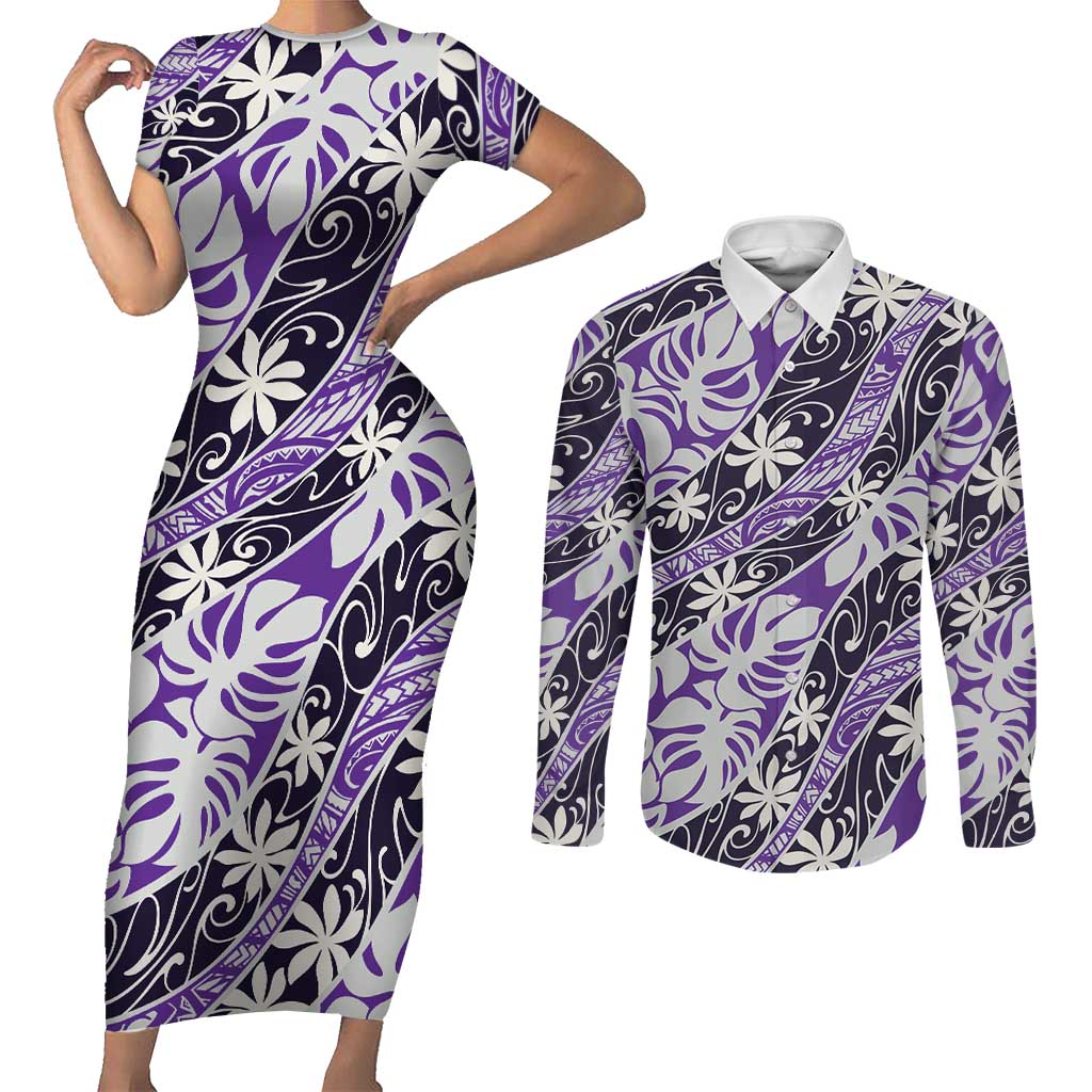 Vareau Tahiti Tiare Monstera Couples Matching Short Sleeve Bodycon Dress and Long Sleeve Button Shirt Polynesian Pattern Curve Style - Polynesian Pride