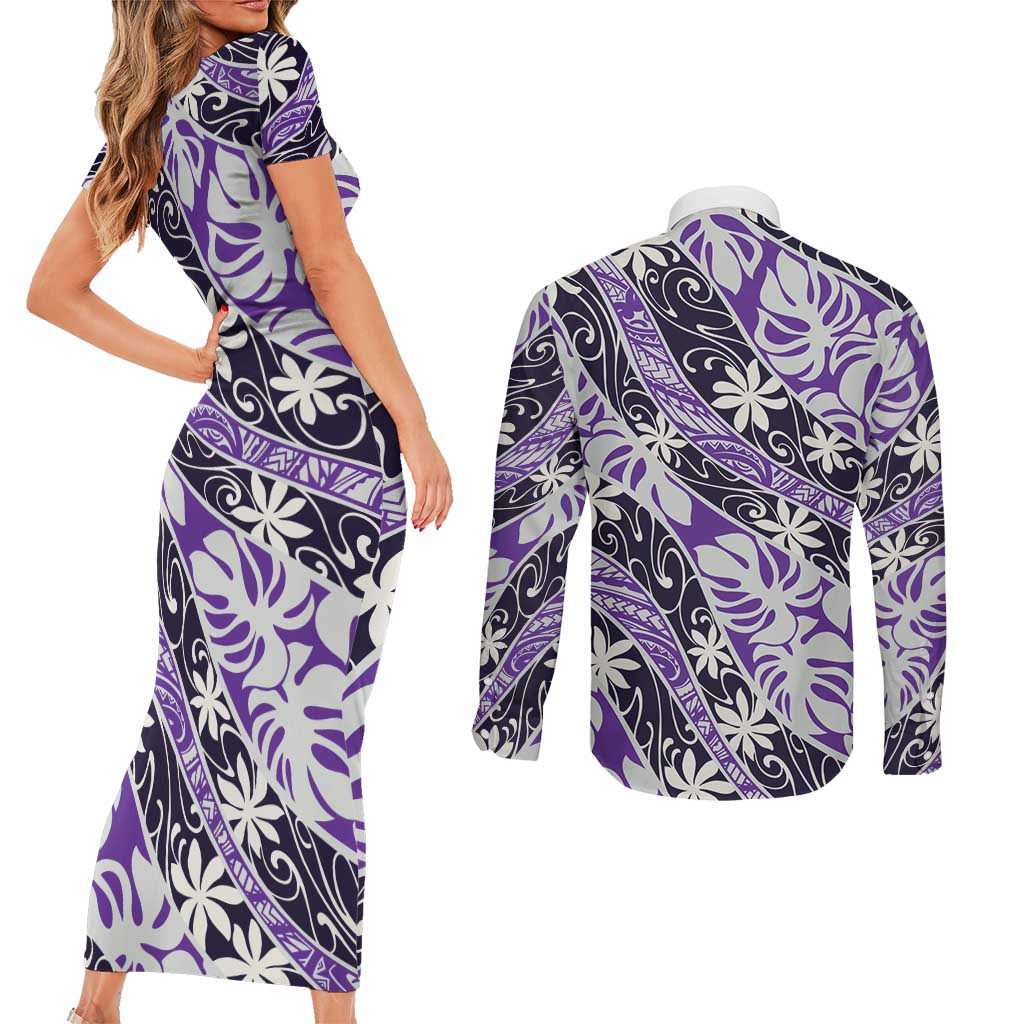 Vareau Tahiti Tiare Monstera Couples Matching Short Sleeve Bodycon Dress and Long Sleeve Button Shirt Polynesian Pattern Curve Style - Polynesian Pride
