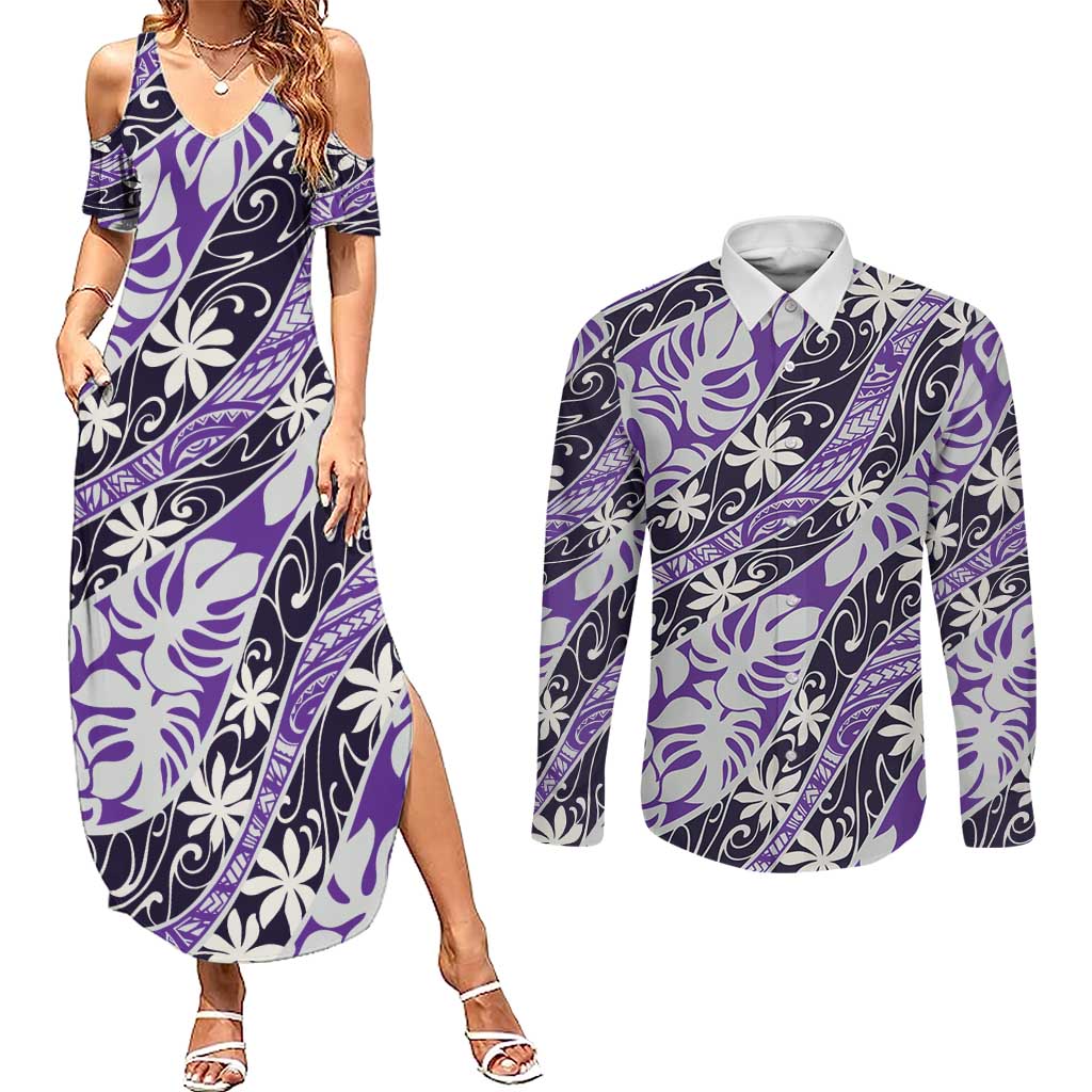 Vareau Tahiti Tiare Monstera Couples Matching Summer Maxi Dress and Long Sleeve Button Shirt Polynesian Pattern Curve Style - Polynesian Pride