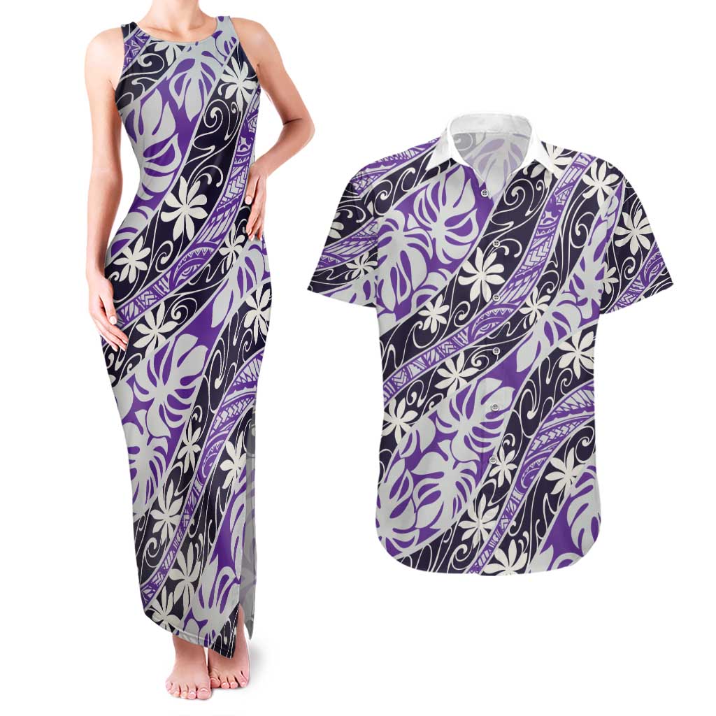 Vareau Tahiti Tiare Monstera Couples Matching Tank Maxi Dress and Hawaiian Shirt Polynesian Pattern Curve Style - Polynesian Pride