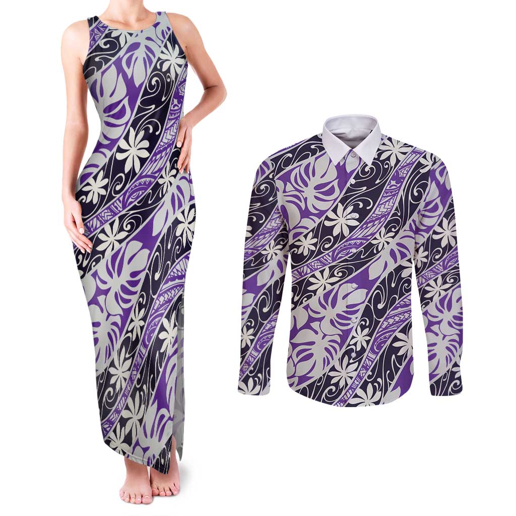 Vareau Tahiti Tiare Monstera Couples Matching Tank Maxi Dress and Long Sleeve Button Shirt Polynesian Pattern Curve Style - Polynesian Pride