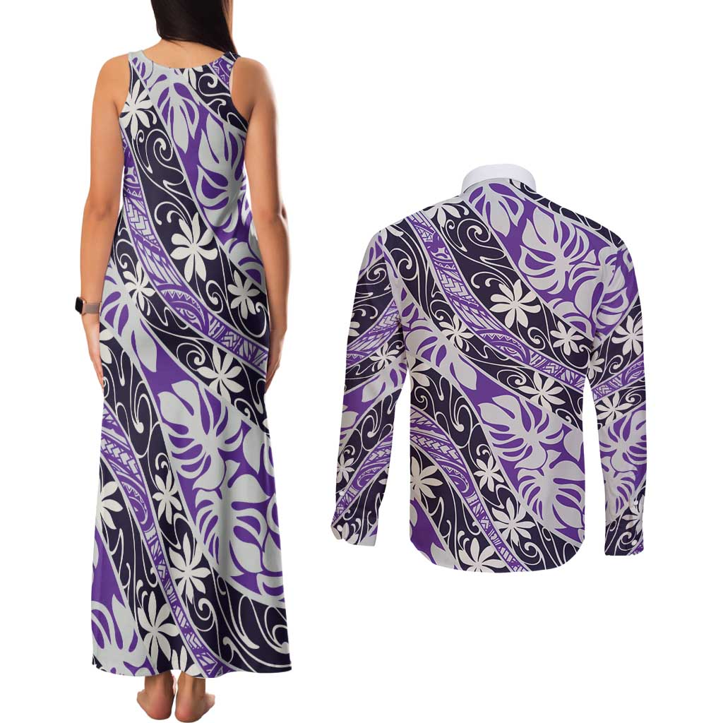 Vareau Tahiti Tiare Monstera Couples Matching Tank Maxi Dress and Long Sleeve Button Shirt Polynesian Pattern Curve Style - Polynesian Pride