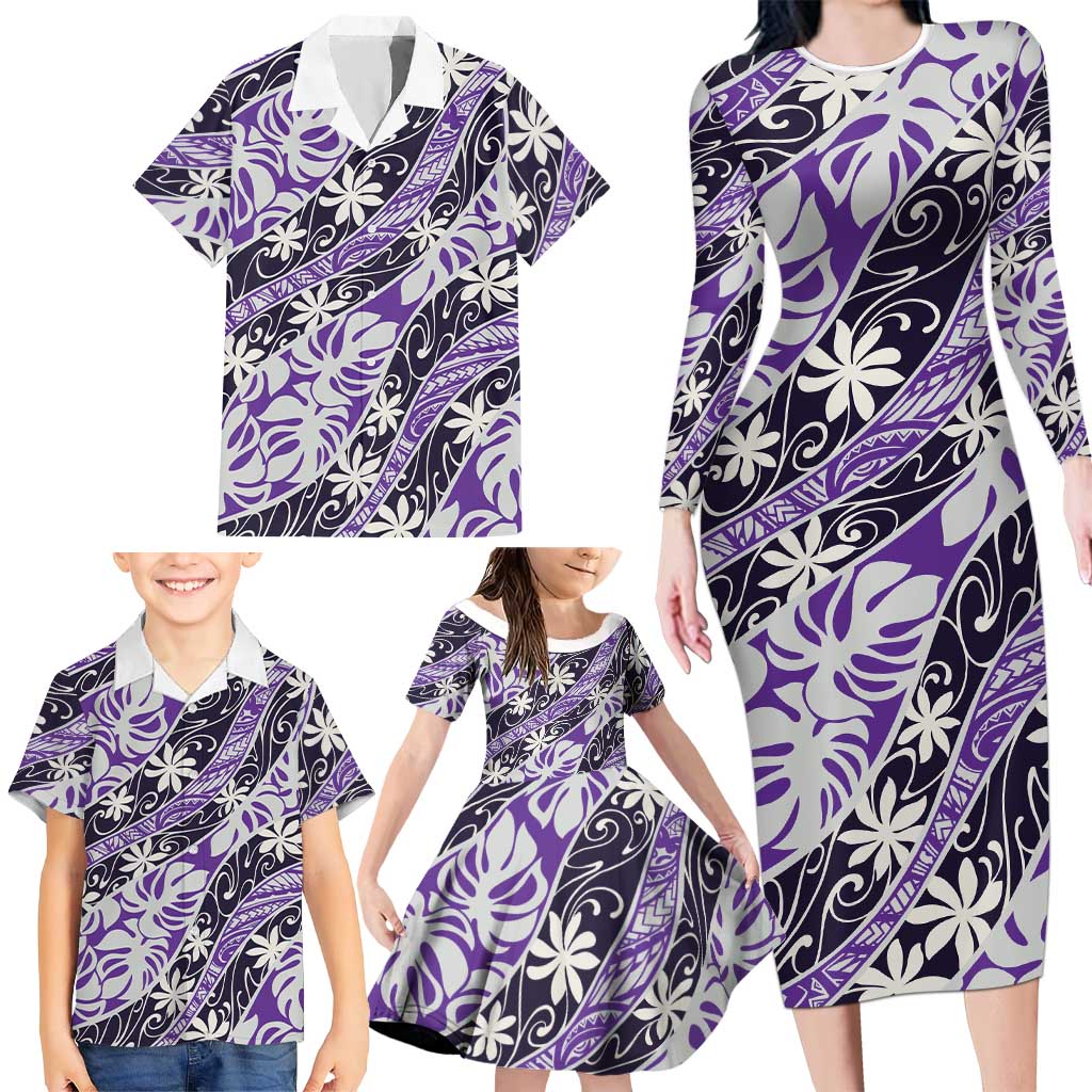 Vareau Tahiti Tiare Monstera Family Matching Long Sleeve Bodycon Dress and Hawaiian Shirt Polynesian Pattern Curve Style LT01 - Polynesian Pride