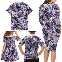 Vareau Tahiti Tiare Monstera Family Matching Long Sleeve Bodycon Dress and Hawaiian Shirt Polynesian Pattern Curve Style LT01 - Polynesian Pride