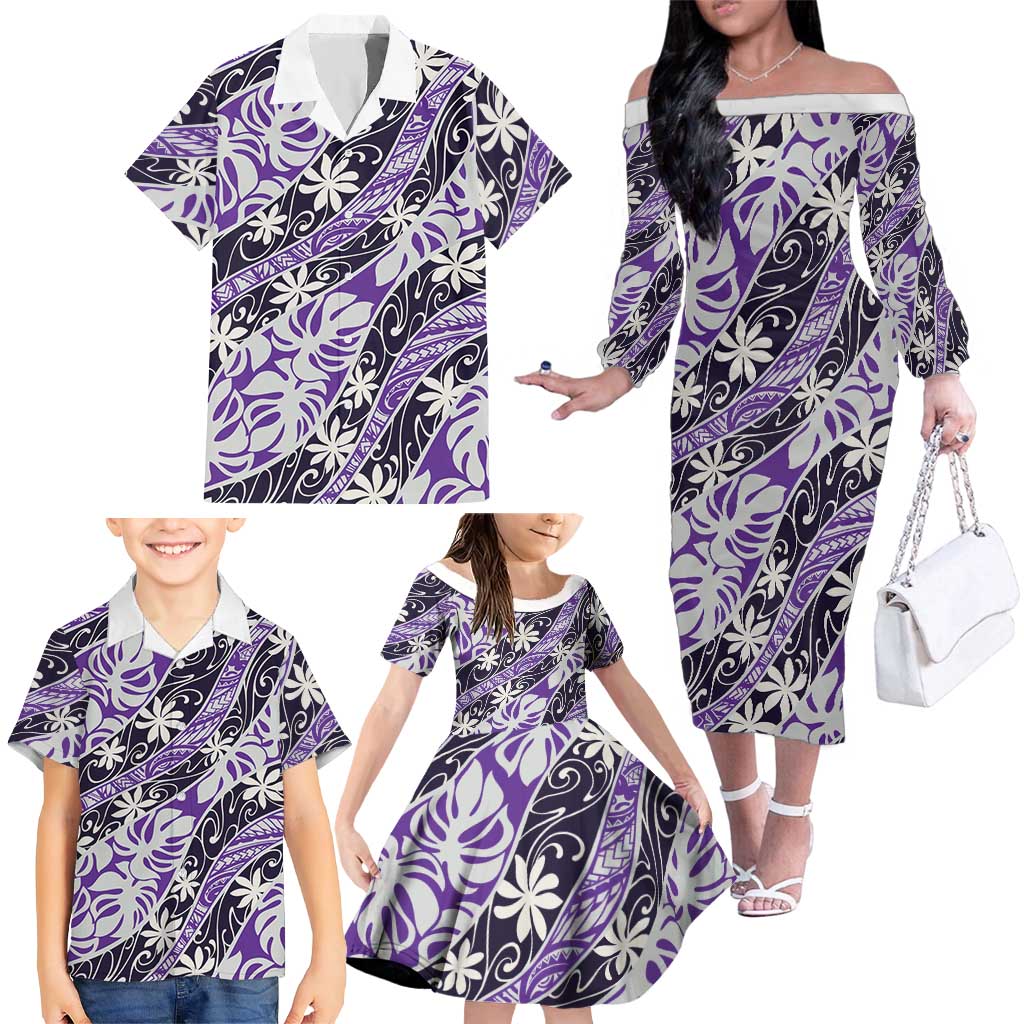 Vareau Tahiti Tiare Monstera Family Matching Off The Shoulder Long Sleeve Dress and Hawaiian Shirt Polynesian Pattern Curve Style - Polynesian Pride