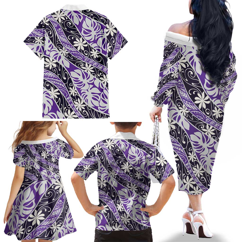 Vareau Tahiti Tiare Monstera Family Matching Off The Shoulder Long Sleeve Dress and Hawaiian Shirt Polynesian Pattern Curve Style LT01 - Polynesian Pride