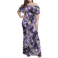Vareau Tahiti Tiare Monstera Family Matching Off Shoulder Maxi Dress and Hawaiian Shirt Polynesian Pattern Curve Style LT01 Mom's Dress Purple - Polynesian Pride