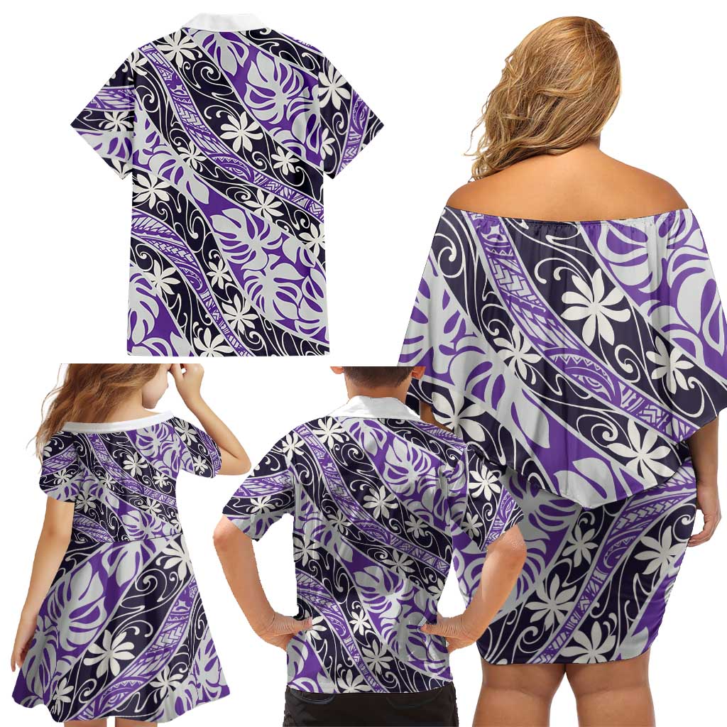 Vareau Tahiti Tiare Monstera Family Matching Off Shoulder Short Dress and Hawaiian Shirt Polynesian Pattern Curve Style LT01 - Polynesian Pride