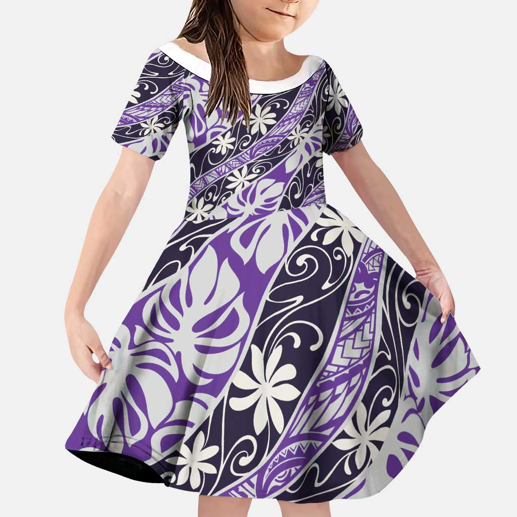 Vareau Tahiti Tiare Monstera Family Matching Puletasi and Hawaiian Shirt Polynesian Pattern Curve Style LT01 Daughter's Dress Purple - Polynesian Pride