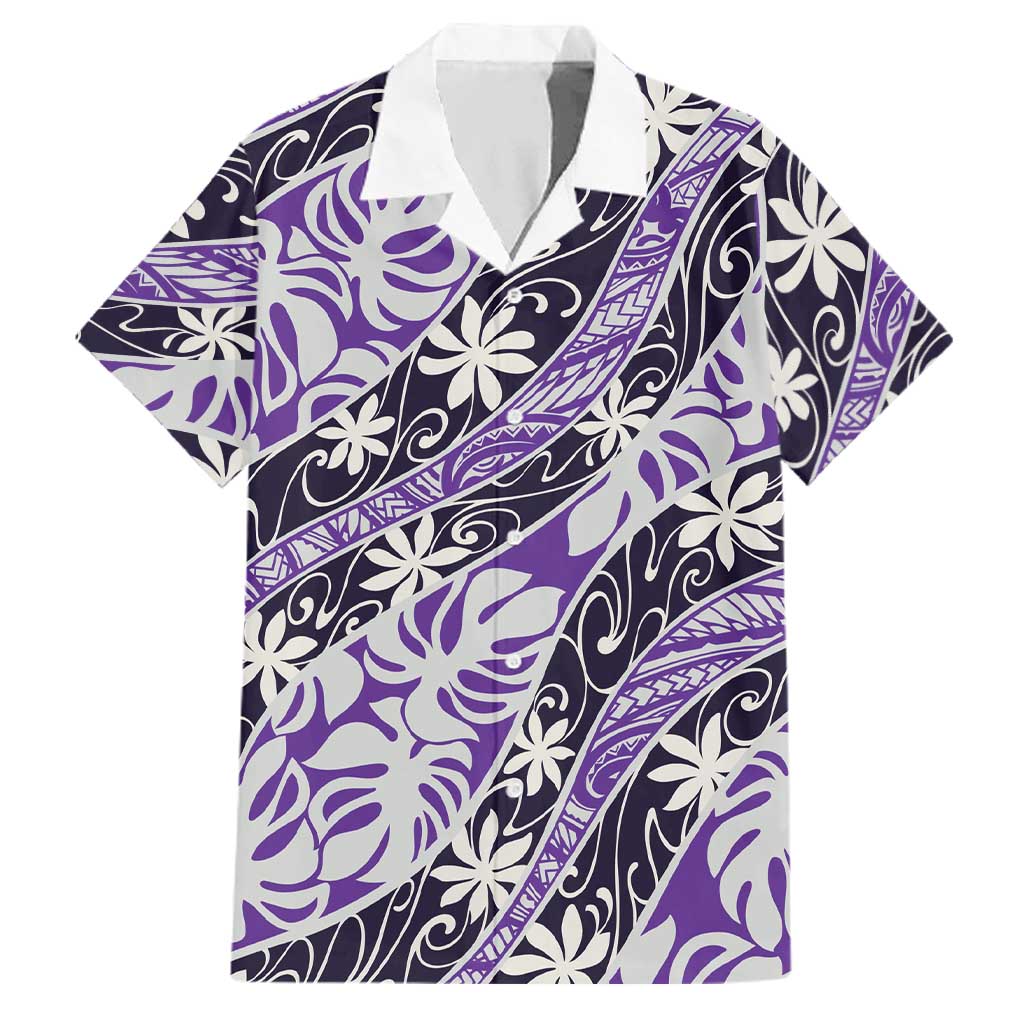 Vareau Tahiti Tiare Monstera Family Matching Puletasi and Hawaiian Shirt Polynesian Pattern Curve Style LT01 Dad's Shirt - Short Sleeve Purple - Polynesian Pride