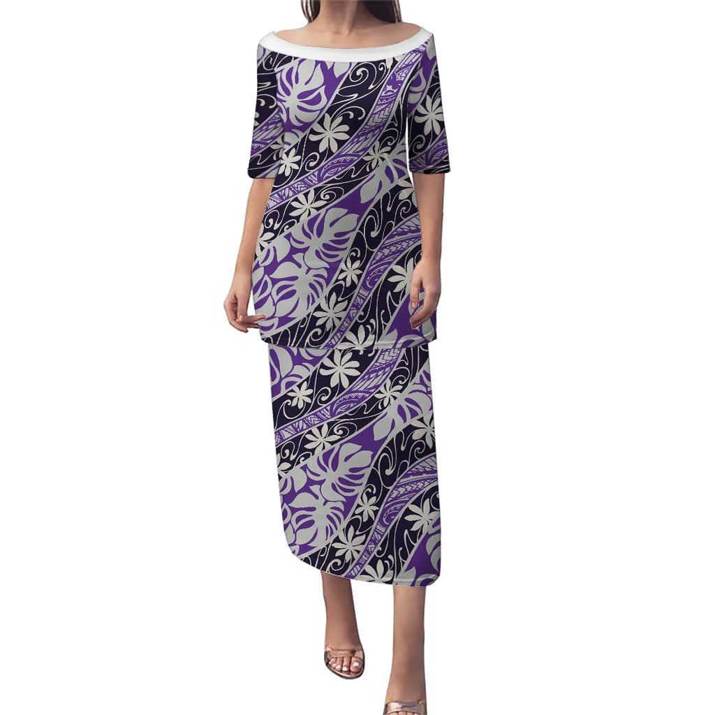 Vareau Tahiti Tiare Monstera Family Matching Puletasi and Hawaiian Shirt Polynesian Pattern Curve Style LT01 Mom's Dress Purple - Polynesian Pride