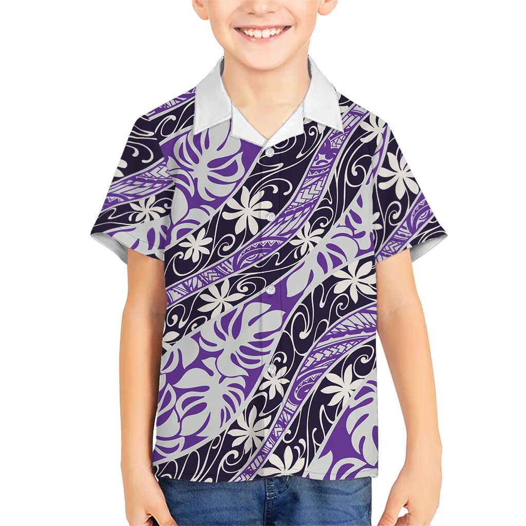 Vareau Tahiti Tiare Monstera Family Matching Puletasi and Hawaiian Shirt Polynesian Pattern Curve Style LT01 Son's Shirt Purple - Polynesian Pride