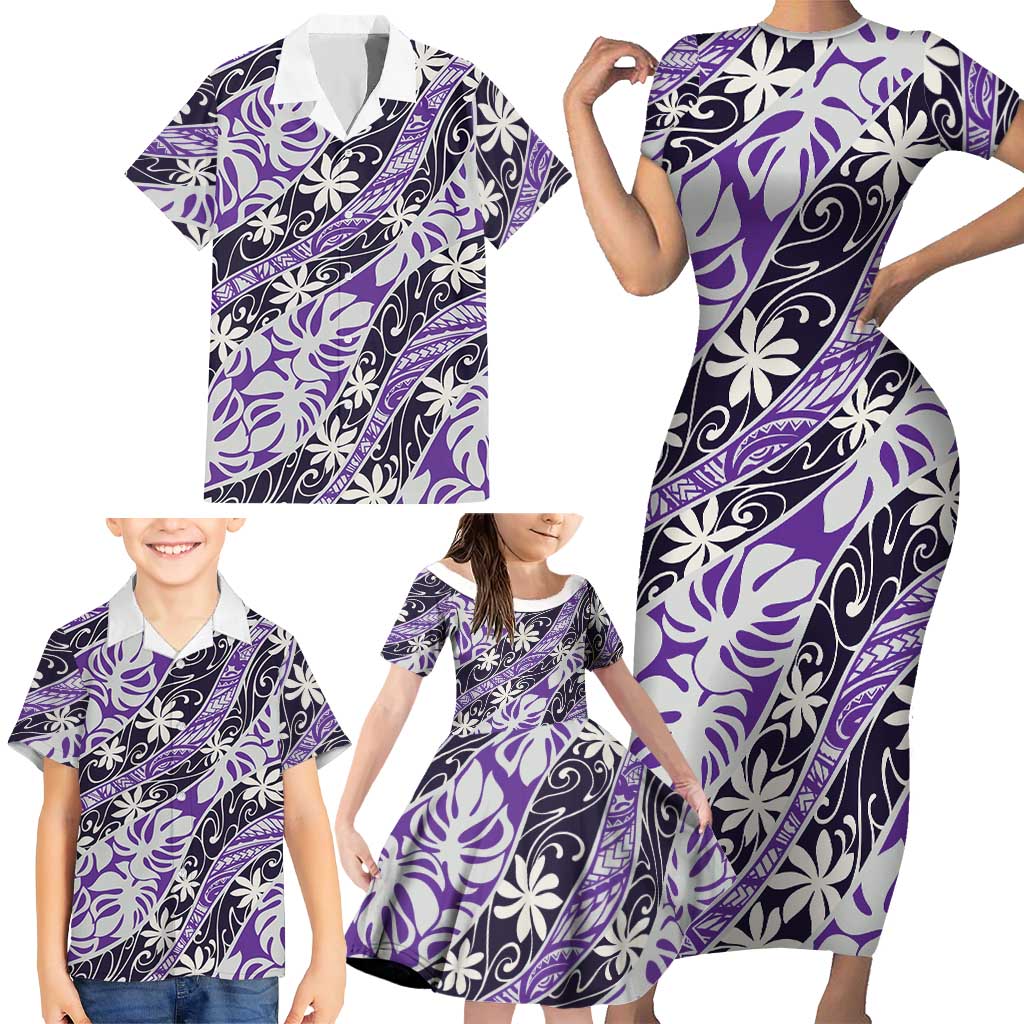 Vareau Tahiti Tiare Monstera Family Matching Short Sleeve Bodycon Dress and Hawaiian Shirt Polynesian Pattern Curve Style LT01 - Polynesian Pride