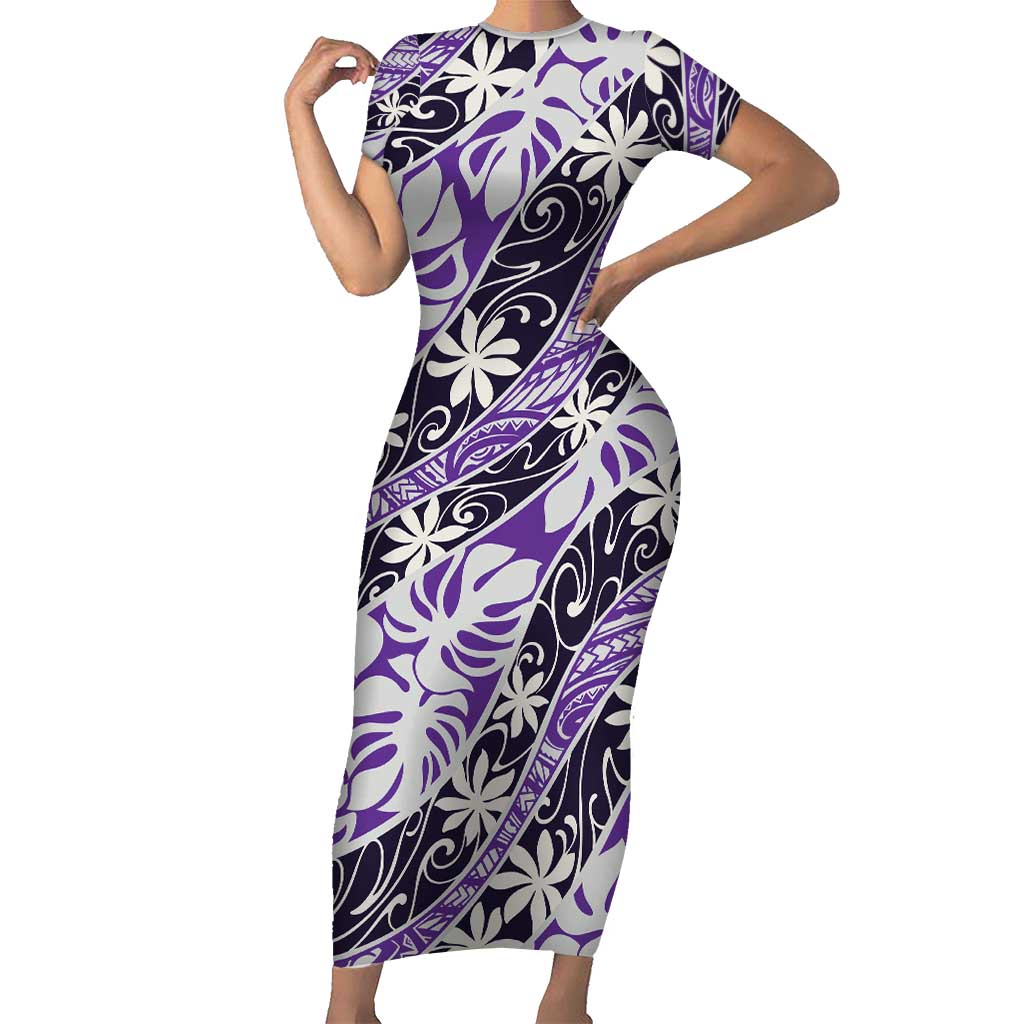 Vareau Tahiti Tiare Monstera Family Matching Short Sleeve Bodycon Dress and Hawaiian Shirt Polynesian Pattern Curve Style LT01 Mom's Dress Purple - Polynesian Pride