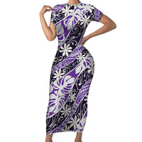 Vareau Tahiti Tiare Monstera Family Matching Short Sleeve Bodycon Dress and Hawaiian Shirt Polynesian Pattern Curve Style LT01 Mom's Dress Purple - Polynesian Pride