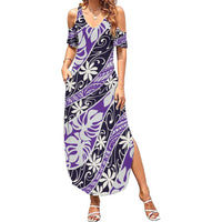 Vareau Tahiti Tiare Monstera Family Matching Summer Maxi Dress and Hawaiian Shirt Polynesian Pattern Curve Style LT01 Mom's Dress Purple - Polynesian Pride