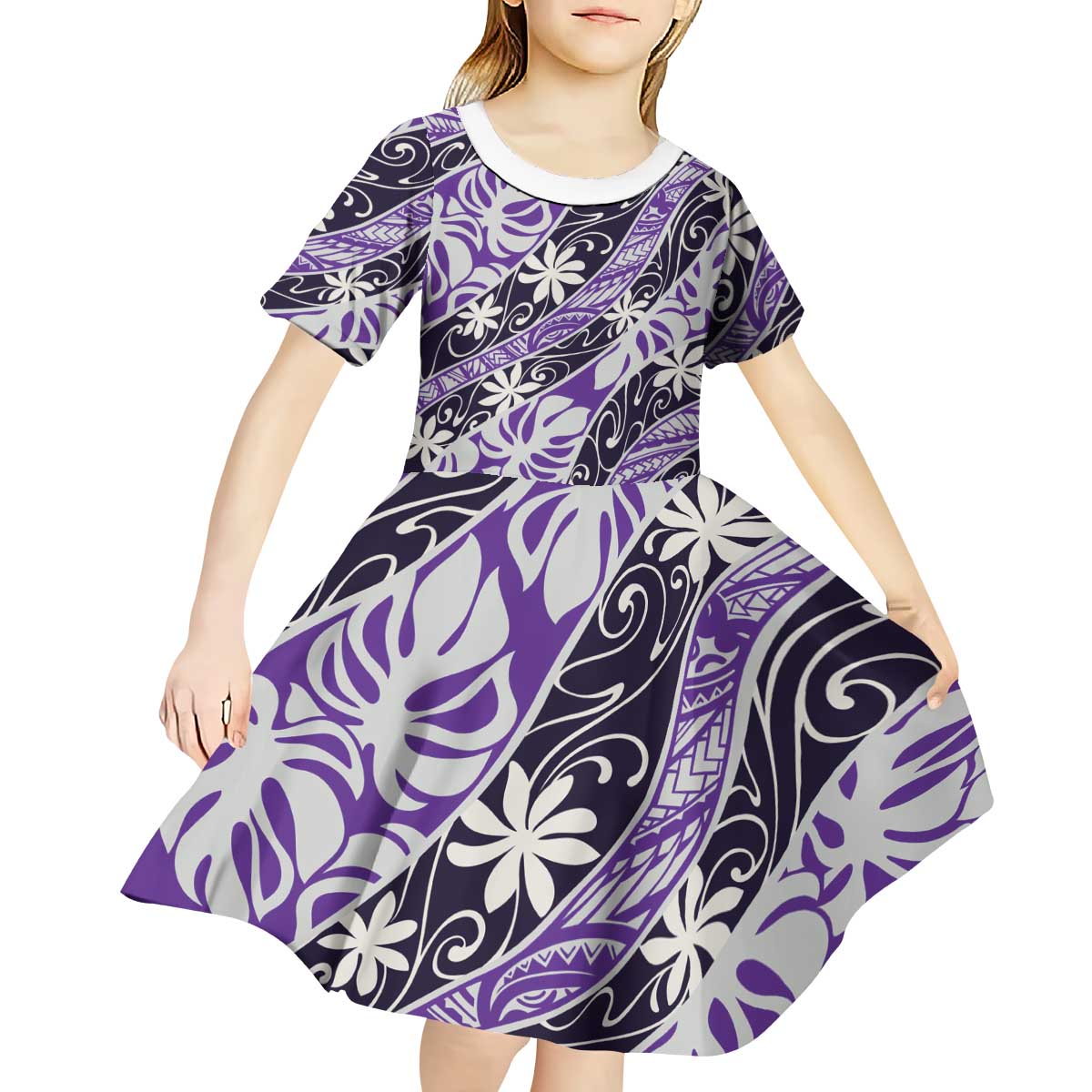 Vareau Tahiti Tiare Monstera Kid Short Sleeve Dress Polynesian Pattern Curve Style - Polynesian Pride