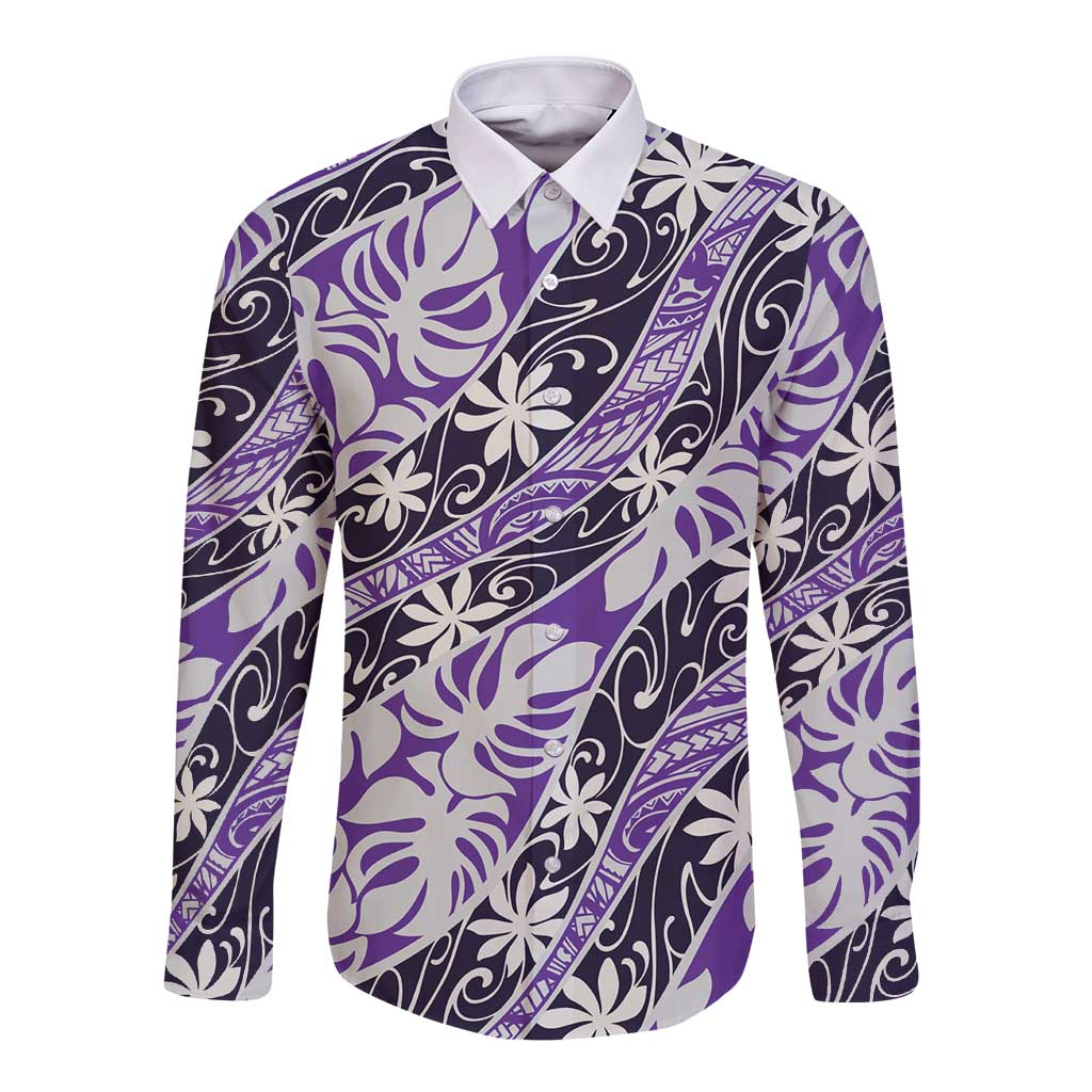 Vareau Tahiti Tiare Monstera Long Sleeve Button Shirt Polynesian Pattern Curve Style - Polynesian Pride