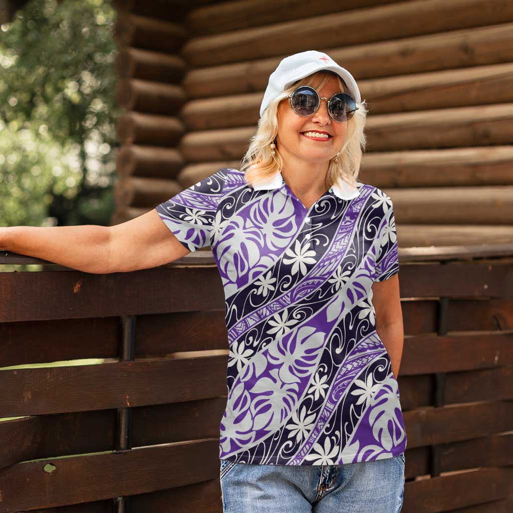 Vareau Tahiti Tiare Monstera Women Polo Shirt Polynesian Pattern Curve Style - Polynesian Pride