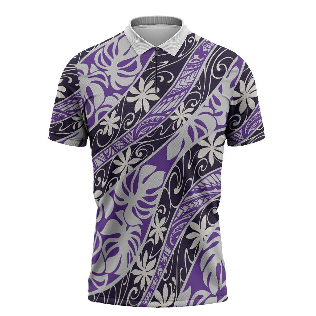 Vareau Tahiti Tiare Monstera Zipper Polo Shirt Polynesian Pattern Curve Style - Polynesian Pride