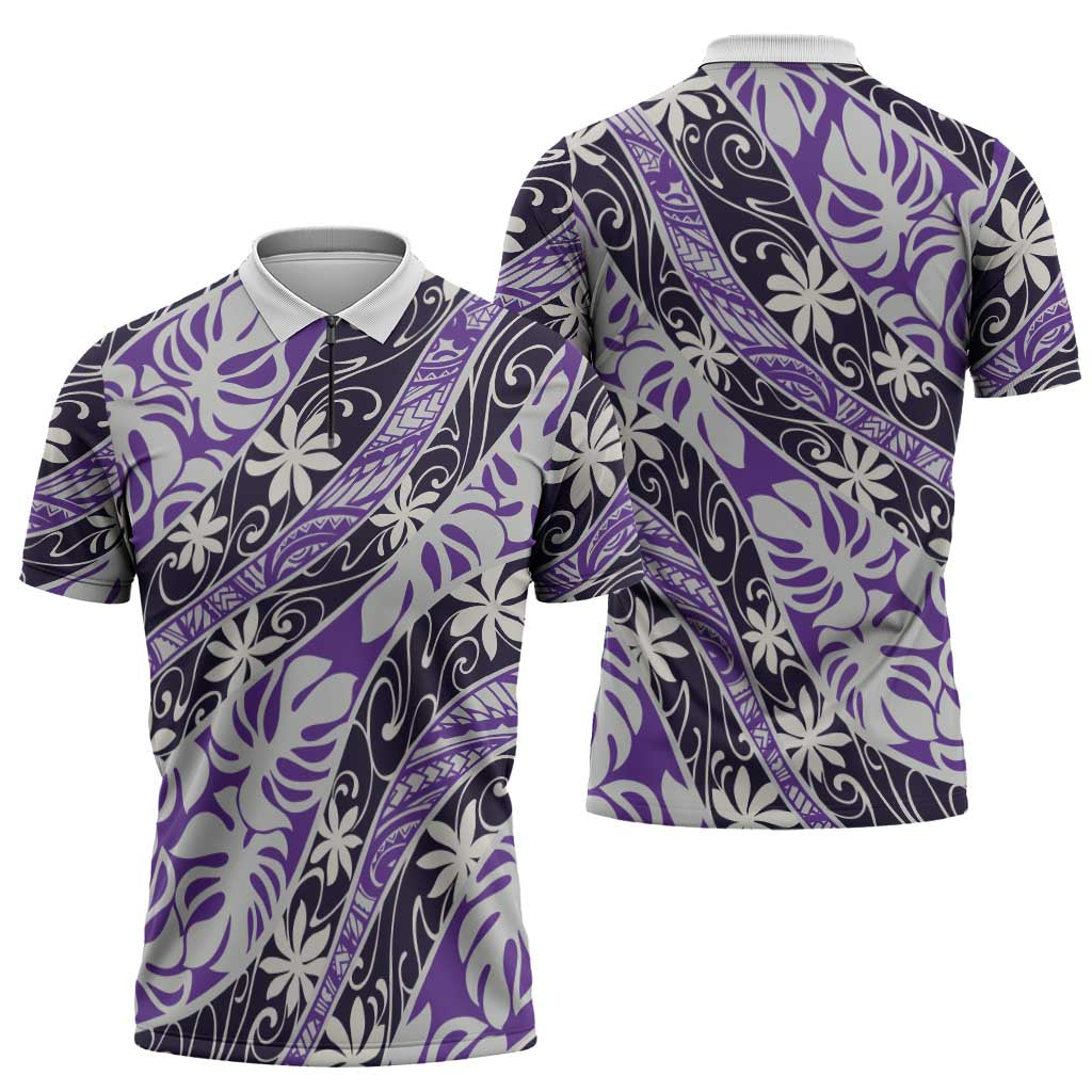 Vareau Tahiti Tiare Monstera Zipper Polo Shirt Polynesian Pattern Curve Style - Polynesian Pride