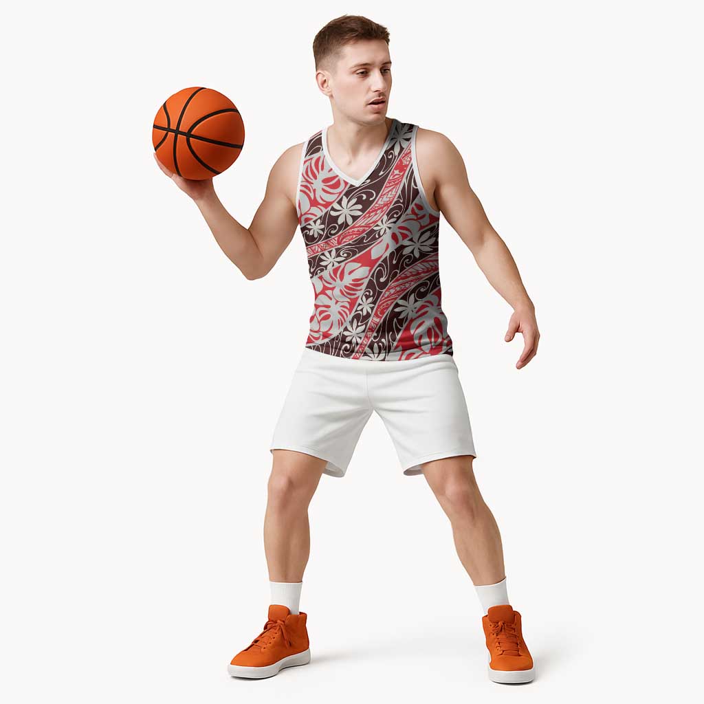 Uteute Tahiti Tiare Monstera Basketball Jersey Polynesian Pattern Curve Style - Polynesian Pride