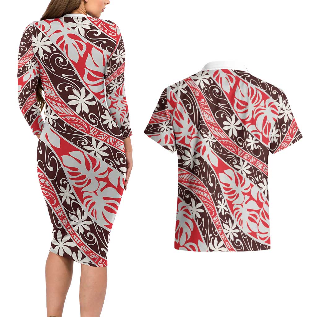 Uteute Tahiti Tiare Monstera Couples Matching Long Sleeve Bodycon Dress and Hawaiian Shirt Polynesian Pattern Curve Style - Polynesian Pride