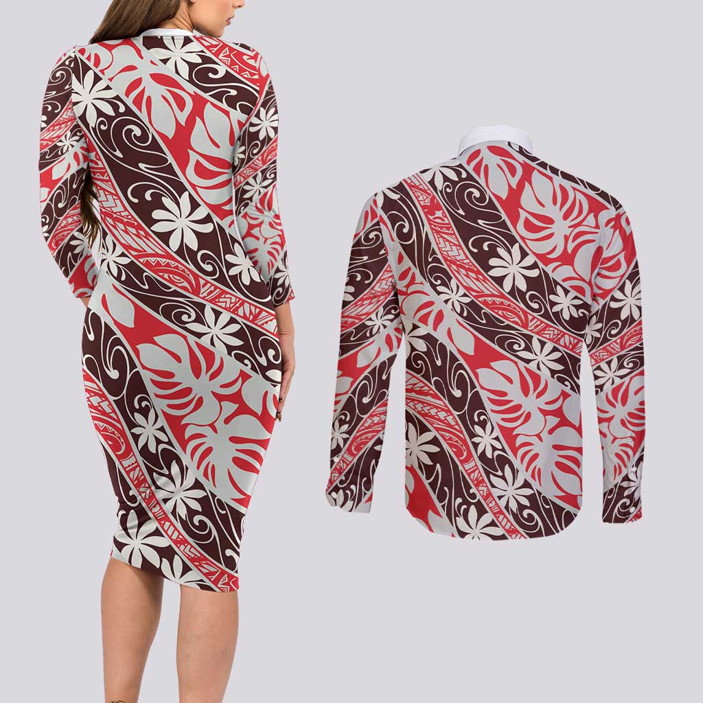 Uteute Tahiti Tiare Monstera Couples Matching Long Sleeve Bodycon Dress and Long Sleeve Button Shirt Polynesian Pattern Curve Style - Polynesian Pride