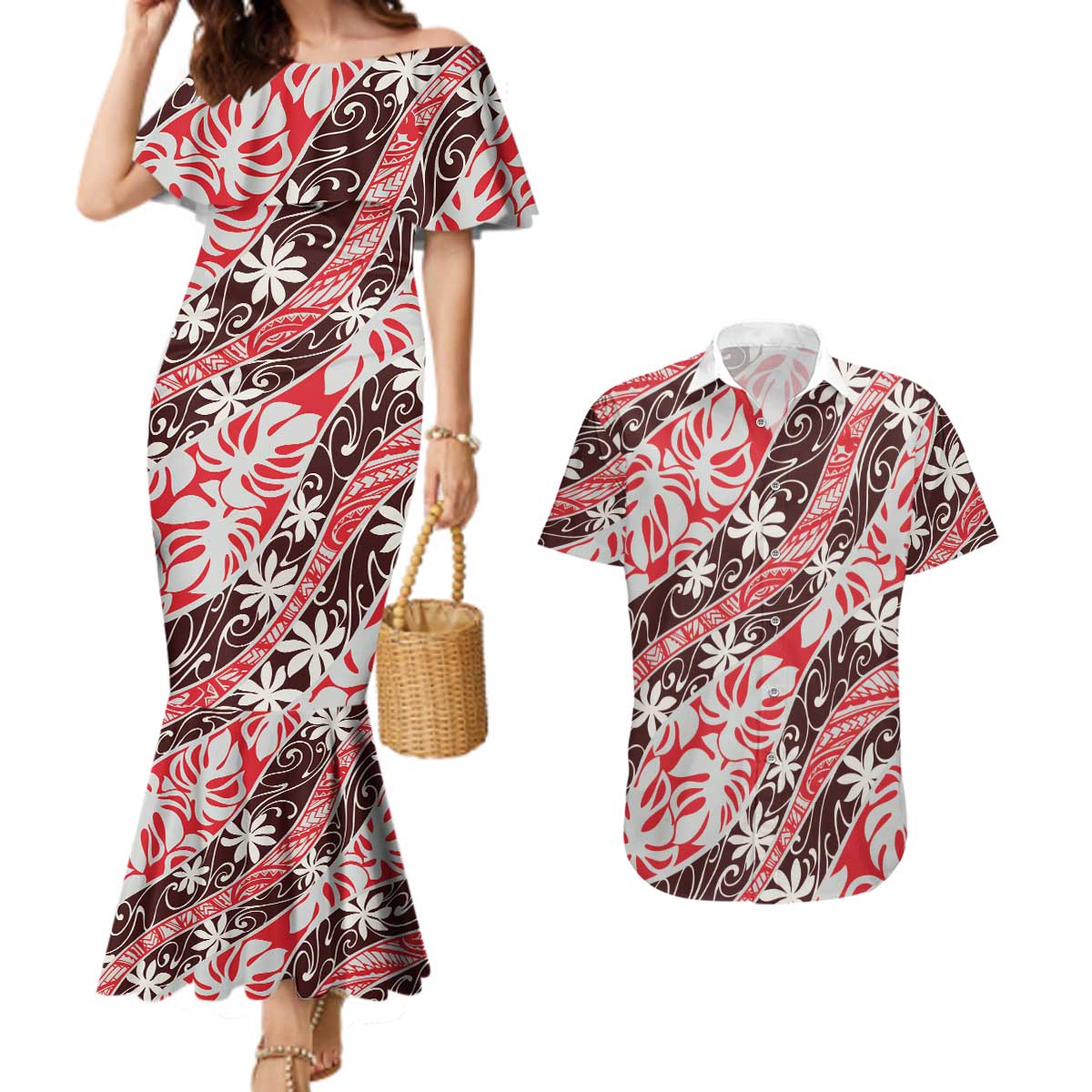 Uteute Tahiti Tiare Monstera Couples Matching Mermaid Dress and Hawaiian Shirt Polynesian Pattern Curve Style - Polynesian Pride