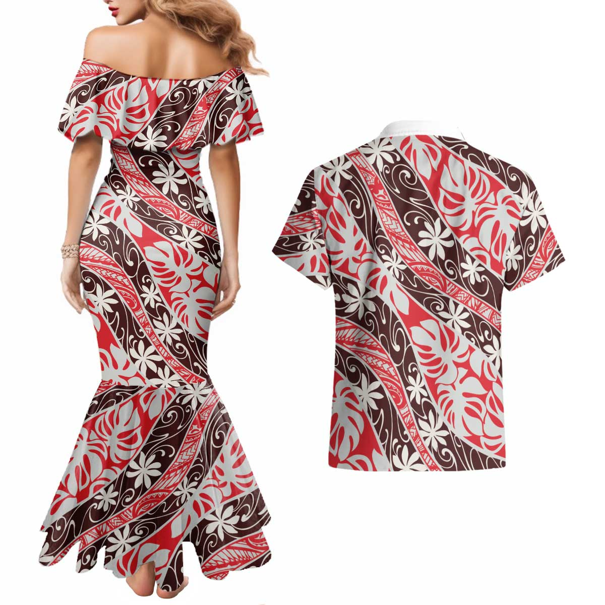 Uteute Tahiti Tiare Monstera Couples Matching Mermaid Dress and Hawaiian Shirt Polynesian Pattern Curve Style - Polynesian Pride