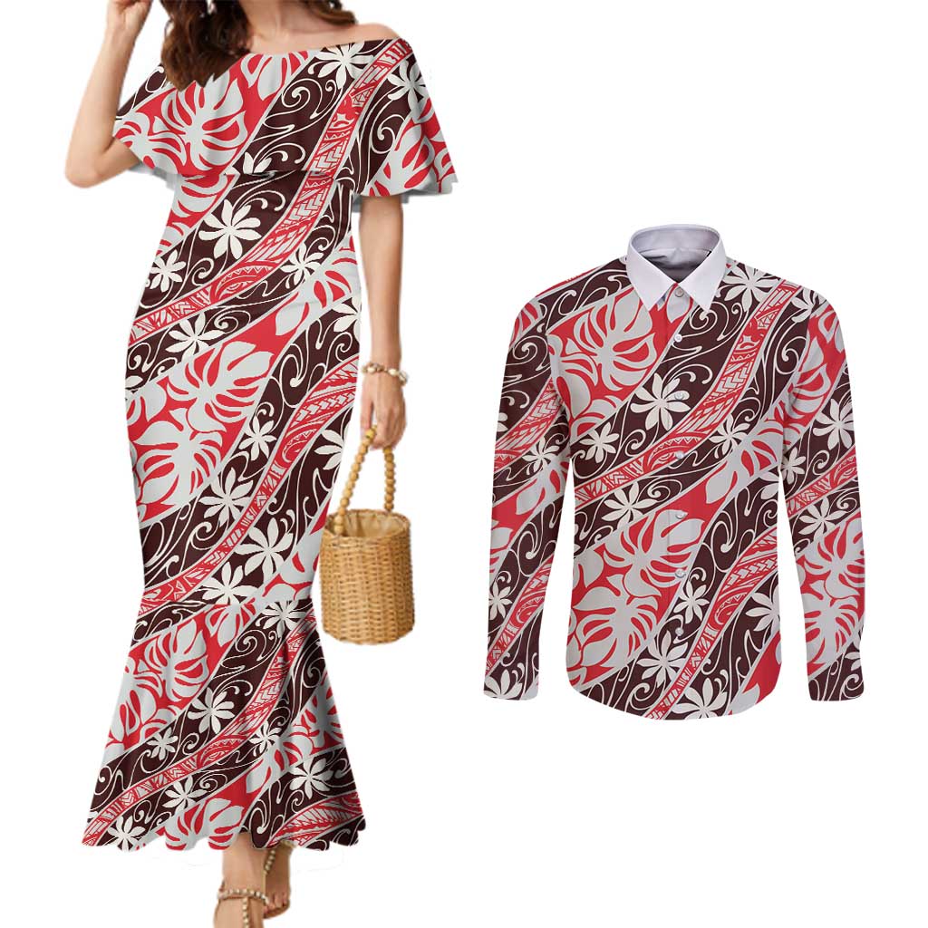 Uteute Tahiti Tiare Monstera Couples Matching Mermaid Dress and Long Sleeve Button Shirt Polynesian Pattern Curve Style - Polynesian Pride