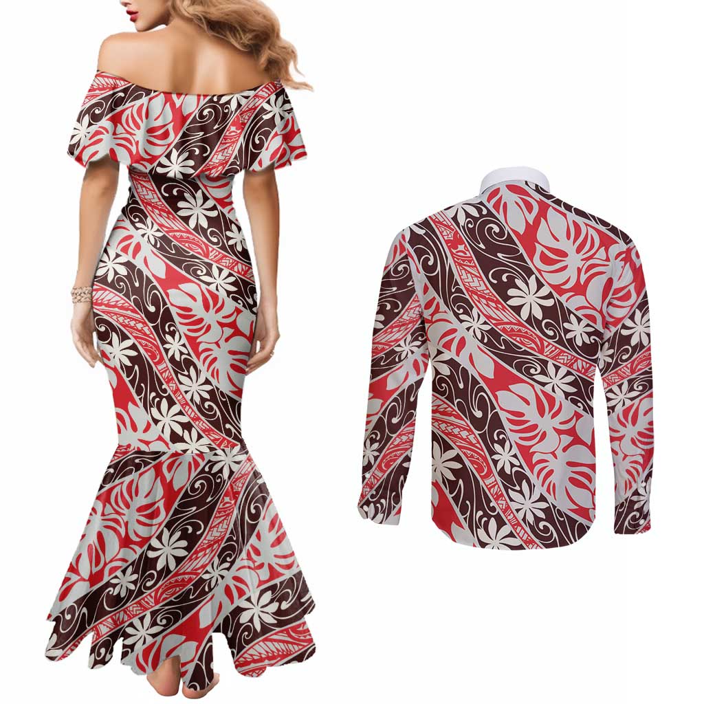 Uteute Tahiti Tiare Monstera Couples Matching Mermaid Dress and Long Sleeve Button Shirt Polynesian Pattern Curve Style - Polynesian Pride