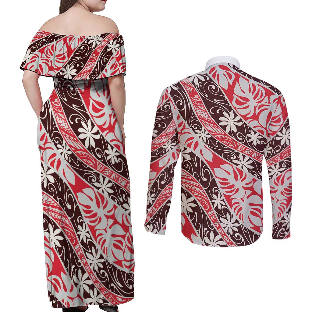 Uteute Tahiti Tiare Monstera Couples Matching Off Shoulder Maxi Dress and Long Sleeve Button Shirt Polynesian Pattern Curve Style - Polynesian Pride