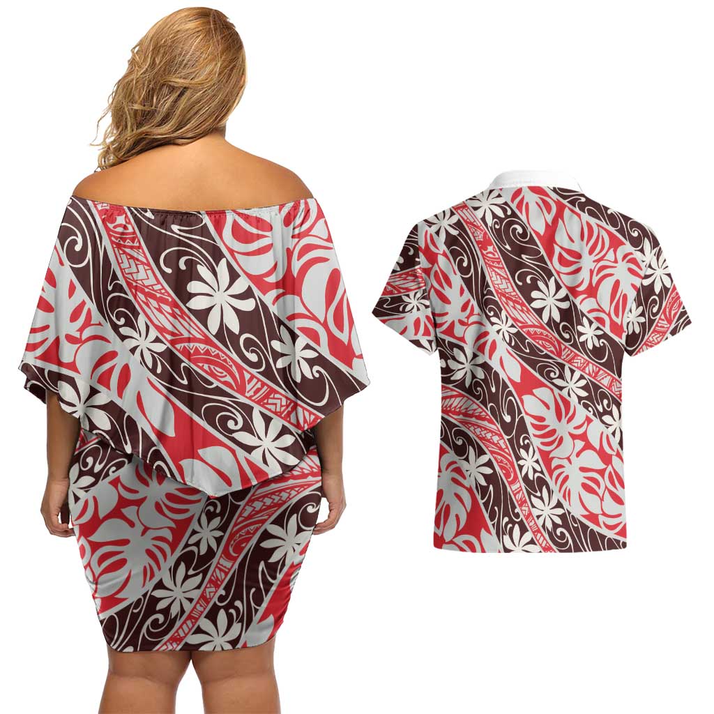 Uteute Tahiti Tiare Monstera Couples Matching Off Shoulder Short Dress and Hawaiian Shirt Polynesian Pattern Curve Style - Polynesian Pride