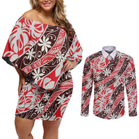 Uteute Tahiti Tiare Monstera Couples Matching Off Shoulder Short Dress and Long Sleeve Button Shirt Polynesian Pattern Curve Style LT01 Red - Polynesian Pride