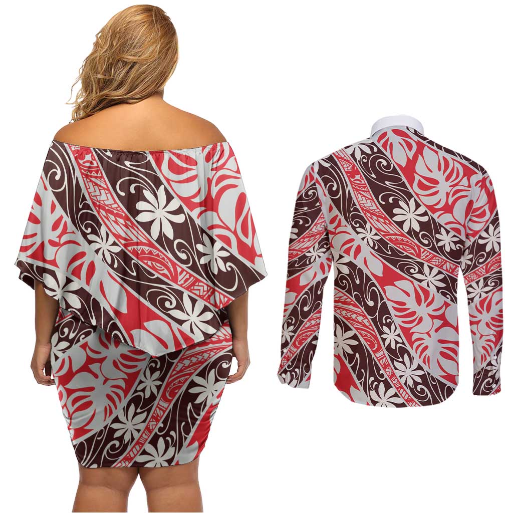 Uteute Tahiti Tiare Monstera Couples Matching Off Shoulder Short Dress and Long Sleeve Button Shirt Polynesian Pattern Curve Style LT01 - Polynesian Pride