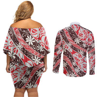Uteute Tahiti Tiare Monstera Couples Matching Off Shoulder Short Dress and Long Sleeve Button Shirt Polynesian Pattern Curve Style LT01 - Polynesian Pride