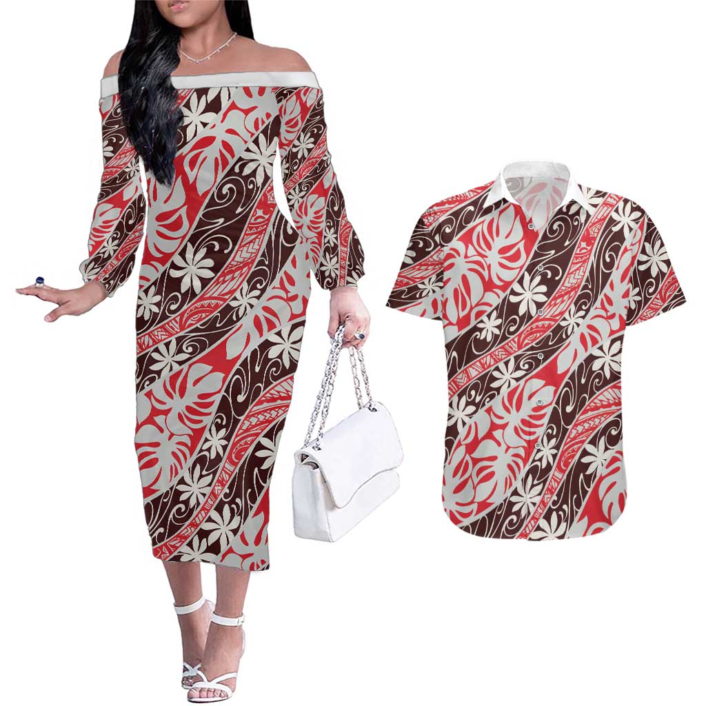 Uteute Tahiti Tiare Monstera Couples Matching Off The Shoulder Long Sleeve Dress and Hawaiian Shirt Polynesian Pattern Curve Style - Polynesian Pride
