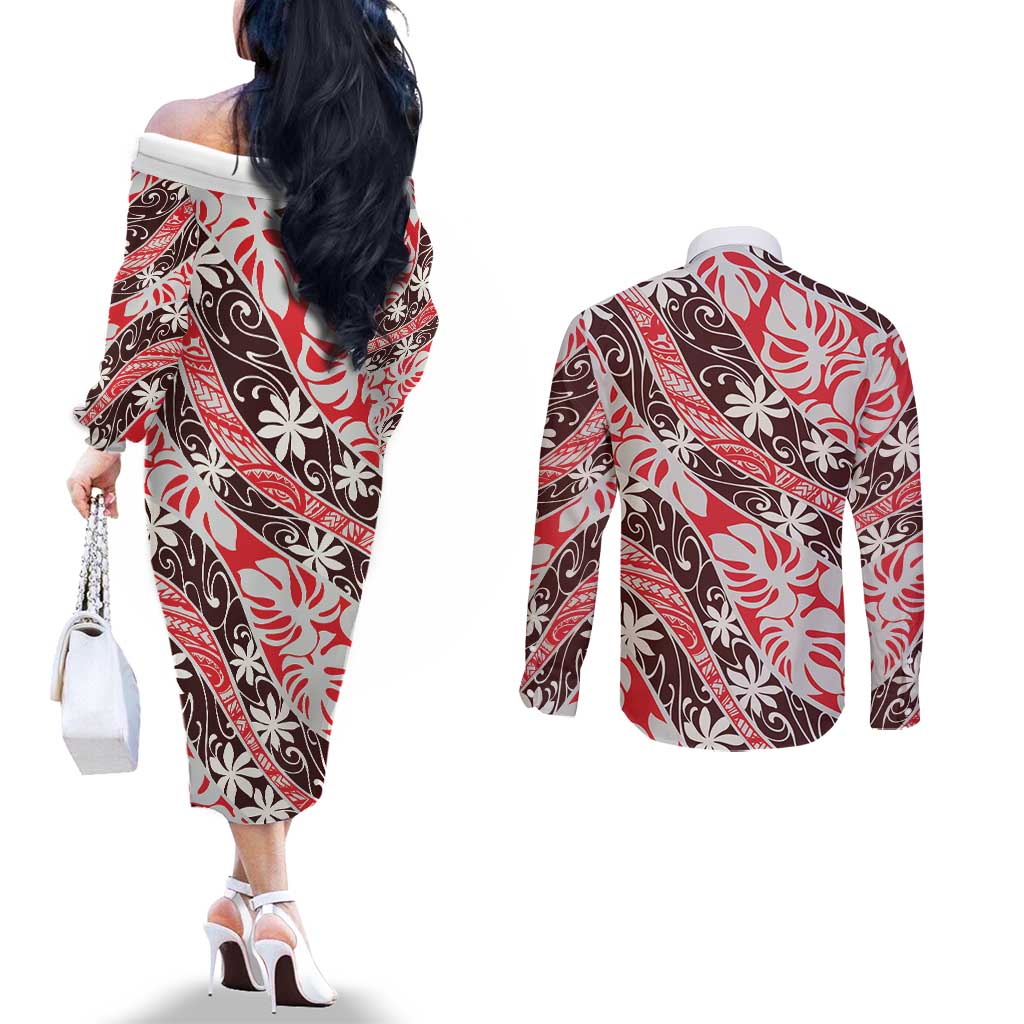 Uteute Tahiti Tiare Monstera Couples Matching Off The Shoulder Long Sleeve Dress and Long Sleeve Button Shirt Polynesian Pattern Curve Style - Polynesian Pride
