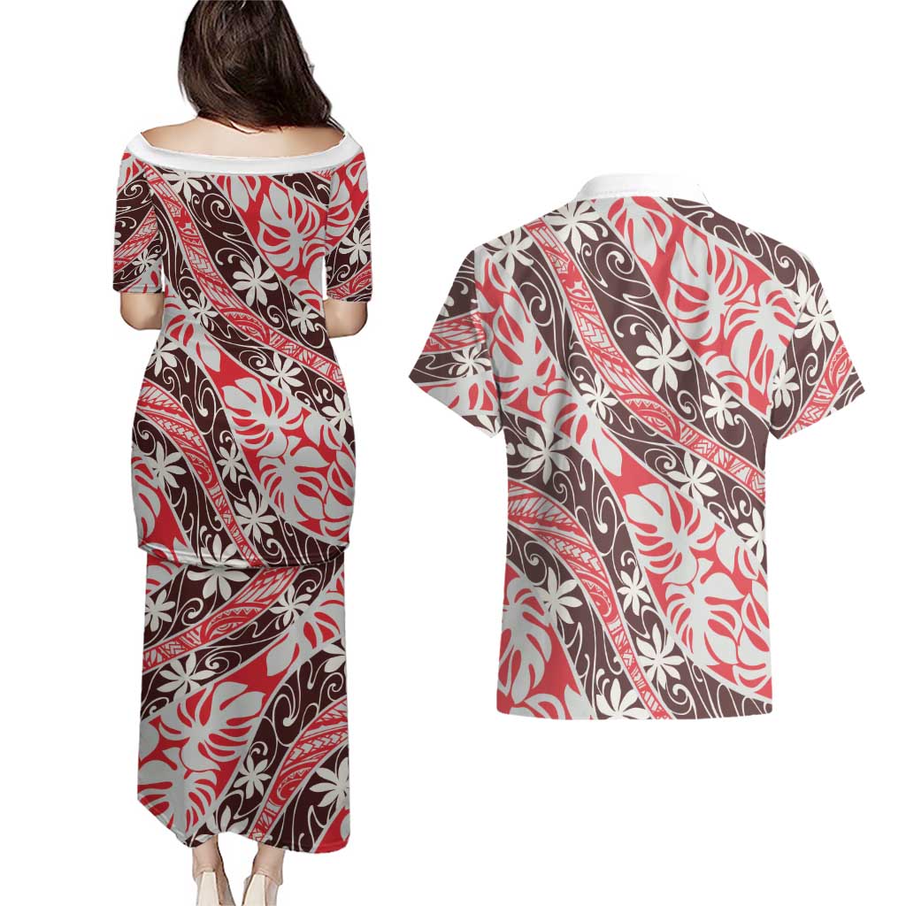 Uteute Tahiti Tiare Monstera Couples Matching Puletasi and Hawaiian Shirt Polynesian Pattern Curve Style - Polynesian Pride