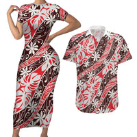 Uteute Tahiti Tiare Monstera Couples Matching Short Sleeve Bodycon Dress and Hawaiian Shirt Polynesian Pattern Curve Style - Polynesian Pride