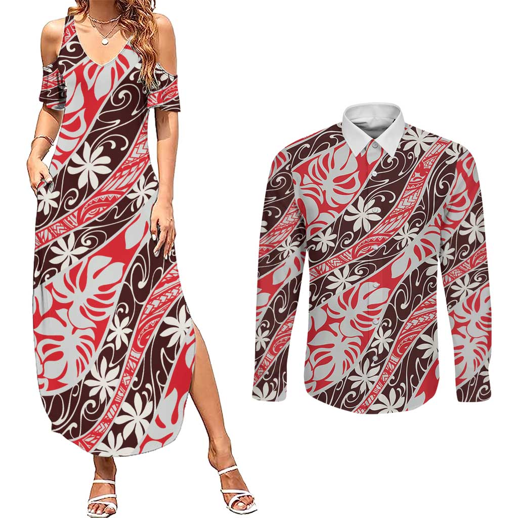 Uteute Tahiti Tiare Monstera Couples Matching Summer Maxi Dress and Long Sleeve Button Shirt Polynesian Pattern Curve Style - Polynesian Pride