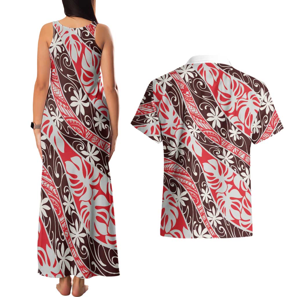 Uteute Tahiti Tiare Monstera Couples Matching Tank Maxi Dress and Hawaiian Shirt Polynesian Pattern Curve Style - Polynesian Pride
