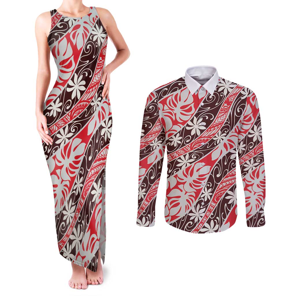 Uteute Tahiti Tiare Monstera Couples Matching Tank Maxi Dress and Long Sleeve Button Shirt Polynesian Pattern Curve Style - Polynesian Pride